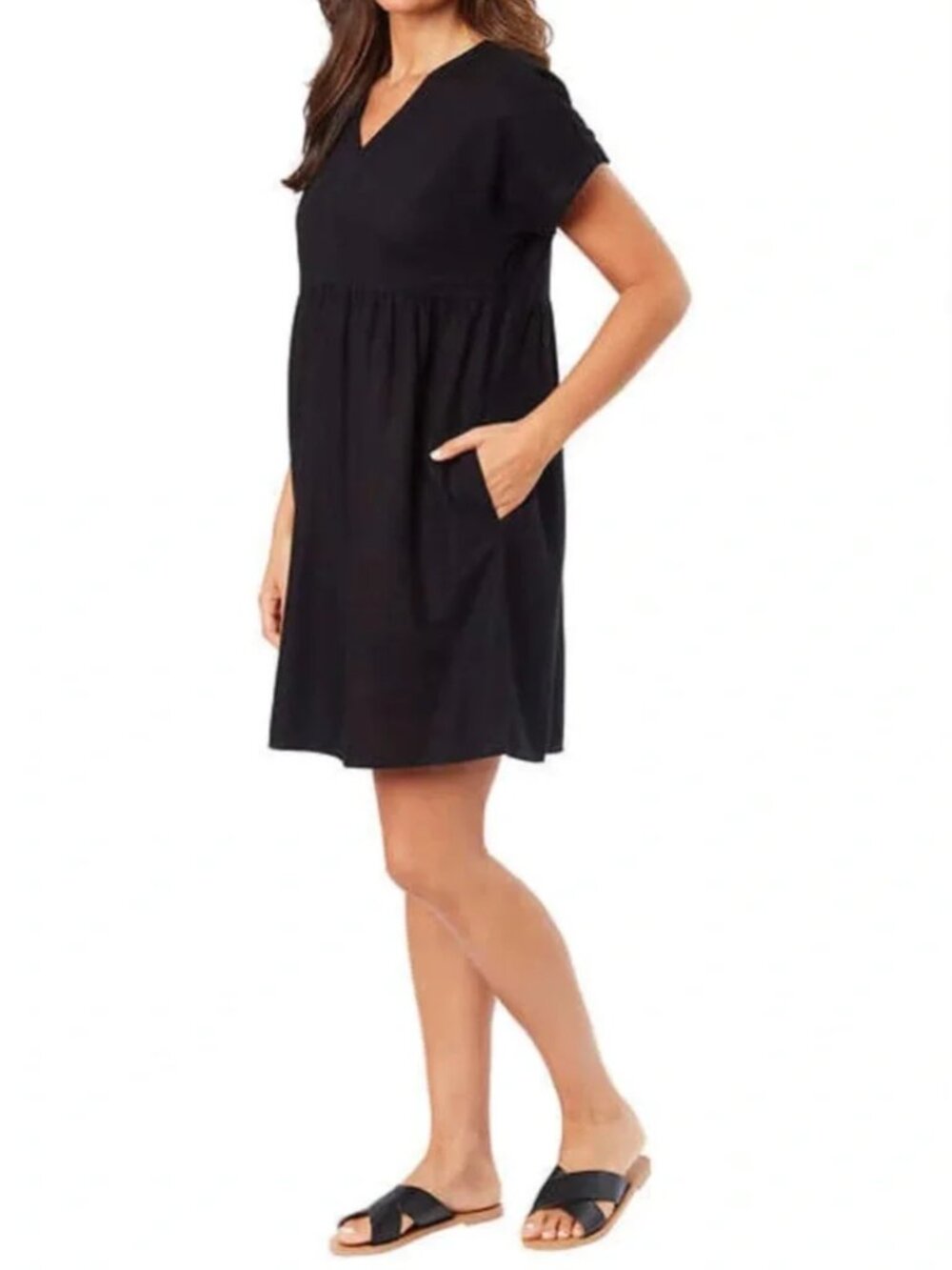BRIGGS NEW YORK Linen Blend V-Neck Babydoll Dress Oversized Black Women's Large